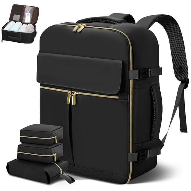 CshidWorld Travel Backpack for Women & Men, 40L Large Carry on Backpack with 3 Packing Cubes, TSA Personal Item Travel Bag Fits 17" Laptop, Casual Daypack for Weekender Business Hiking Camping, Black