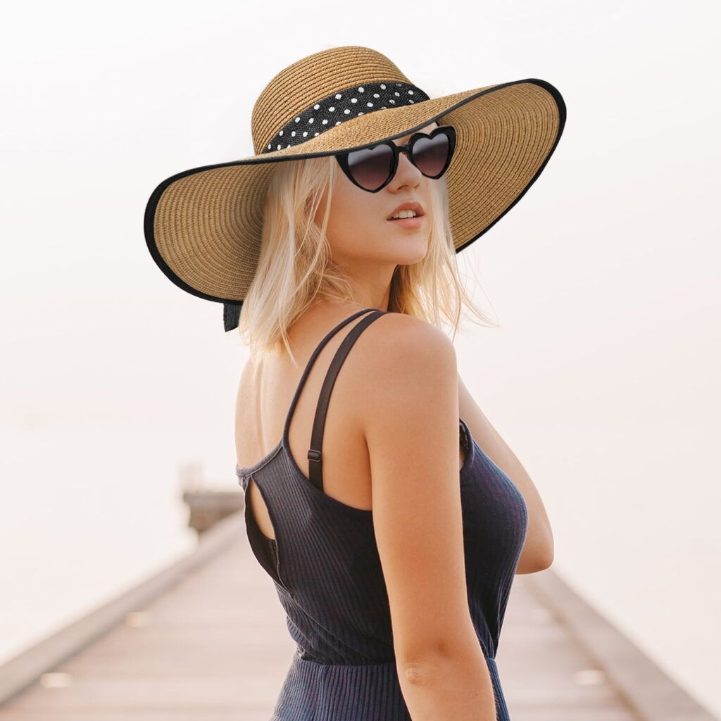 Loritta Women Wide Brim Sun Hats Floppy UPF 50+ Straw Hat with Heart Shape Glasses