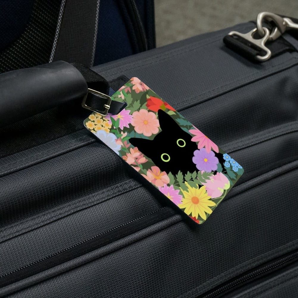 Black Cat Hiding in Spring Flowers Luggage ID Tags Suitcase Carry-On Cards - Set of 2