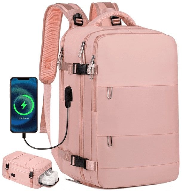 Travel Backpack for Women Men, Carry On Backpack with USB Charging Port & Shoe Pouch, TSA 17.7 inch Laptop Backpack Flight Approved, Nurse Bag Casual Daypack for Weekender Business Trip Hiking, Pink