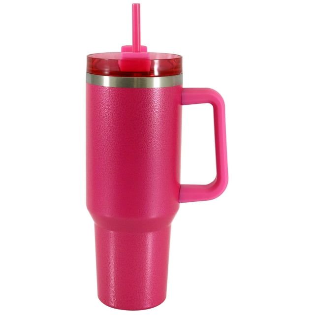 Mainstays 40 oz Stainless Steel Tumbler with Straw and Handle, Double Wall Insulated, Pink Hammertone
