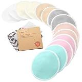 Organic Nursing Pads - 14 Washable Breast Pads for Breastfeeding, Wash Bag, Viscose Derived from Bamboo Reusable Nipple Covers for Breastfeeding Essen