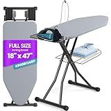 KINGBOARD Extra Wide Ironing Board 18x47 Ironing Surface with Iron Rest and Clothes Shelf, 7-Level Adjustable Foldable Iron Board with 4 Layer Heat Resistant Cover and Cord Holder, Grey